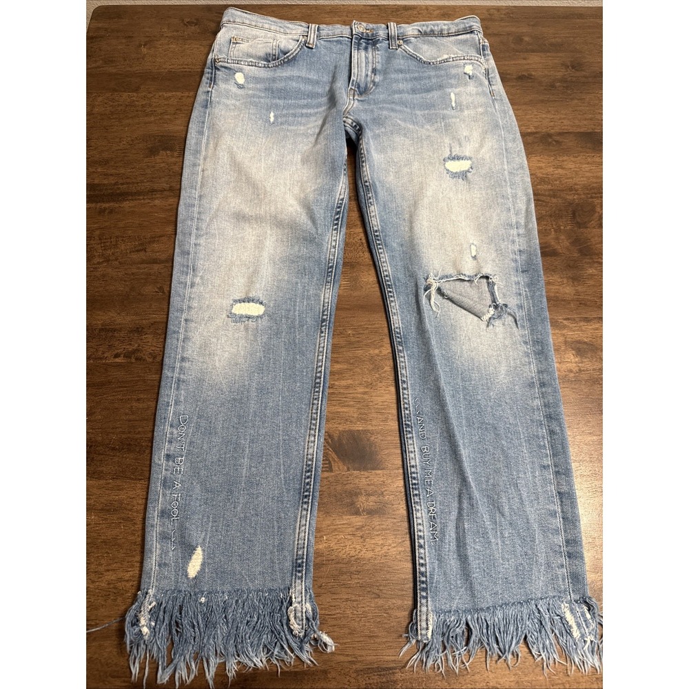 Zara Distressed Fringe Frayed Raw Hem Jeans Sz 10 Don't Be A Fool Buy Me A Dream
